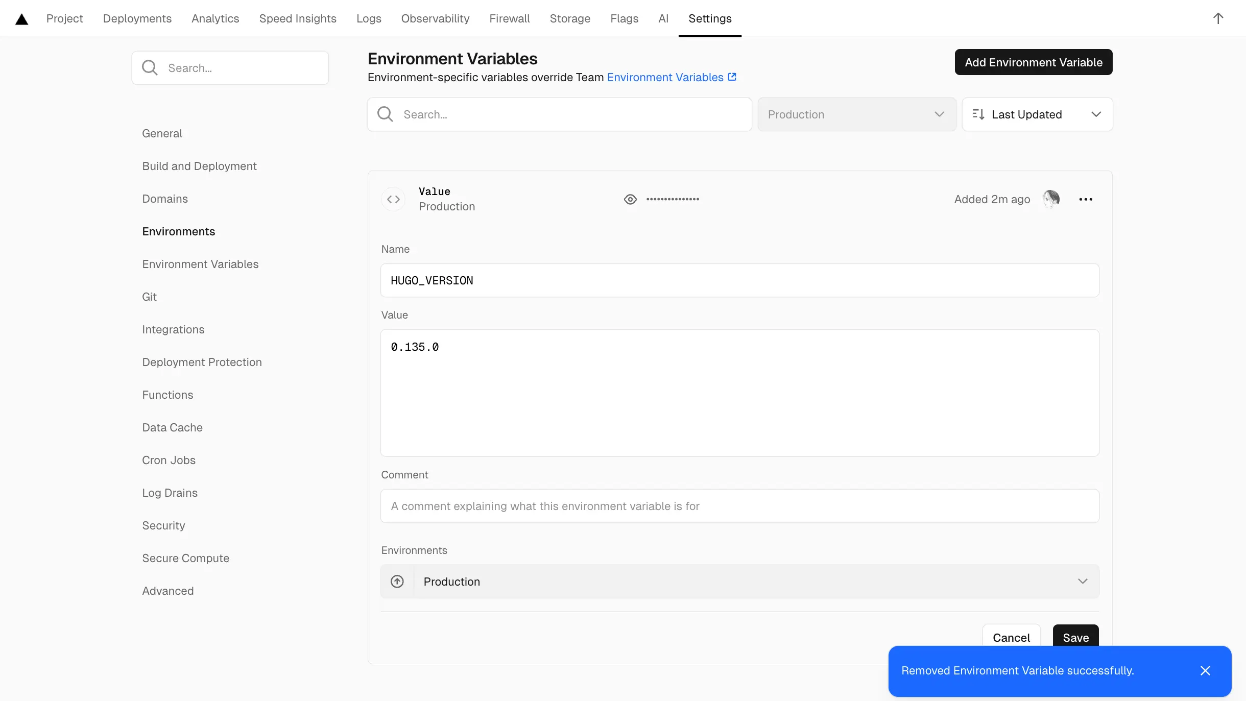 Vercel Deployment Environment