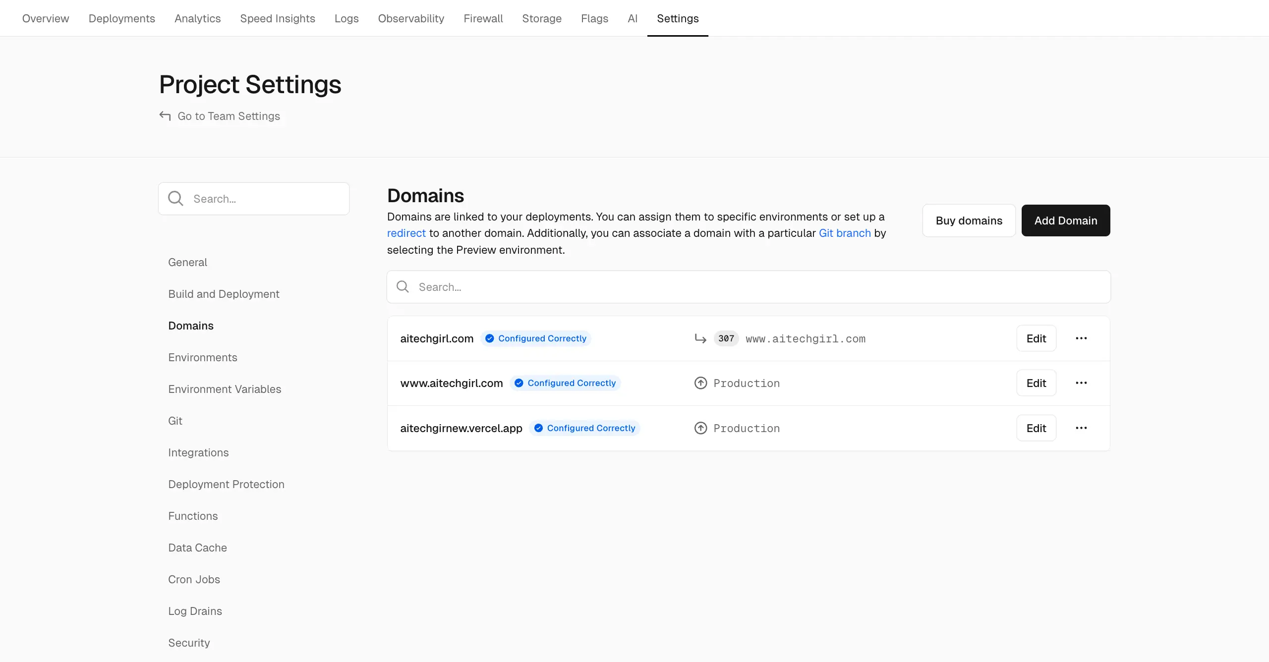 Vercel Domain Settings