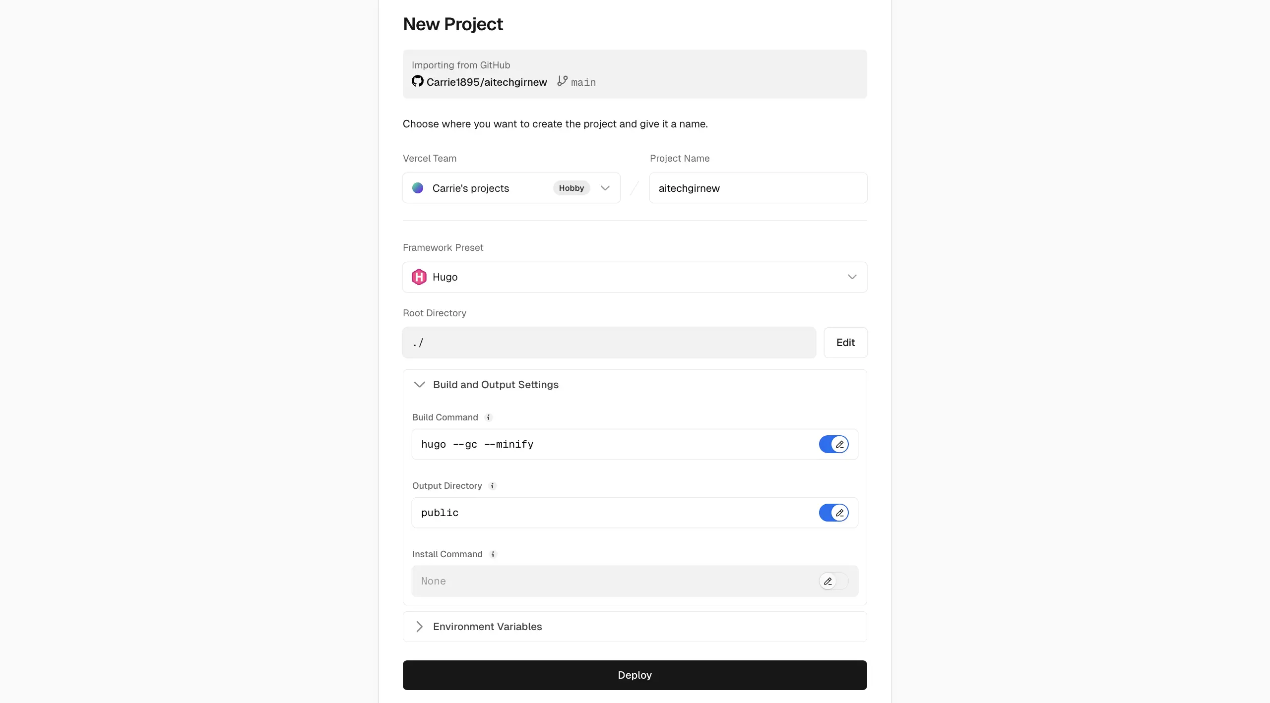 New Vercel Project
